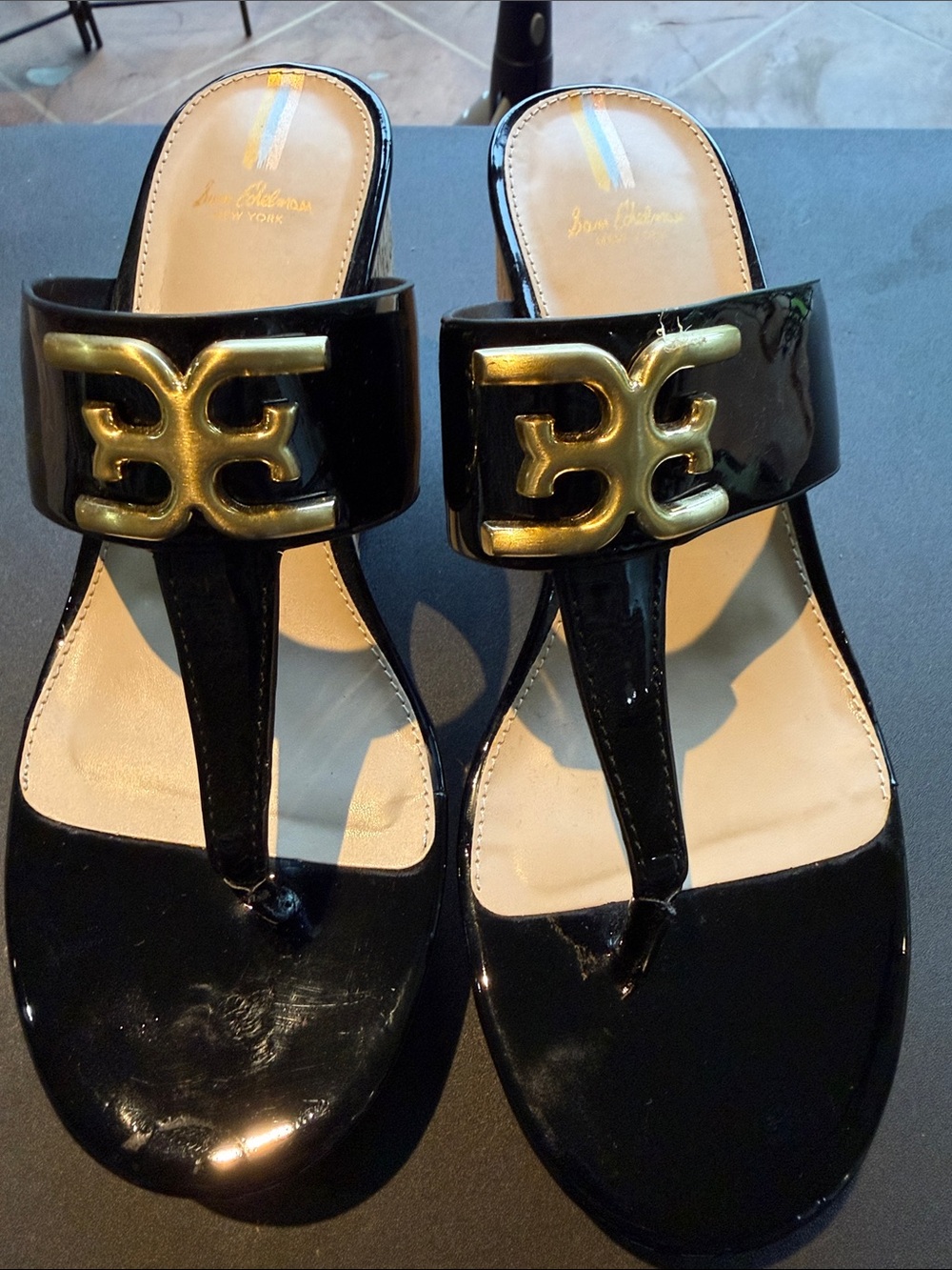 Sam Edelman Black Patent Thong Sandals with Gold Logo